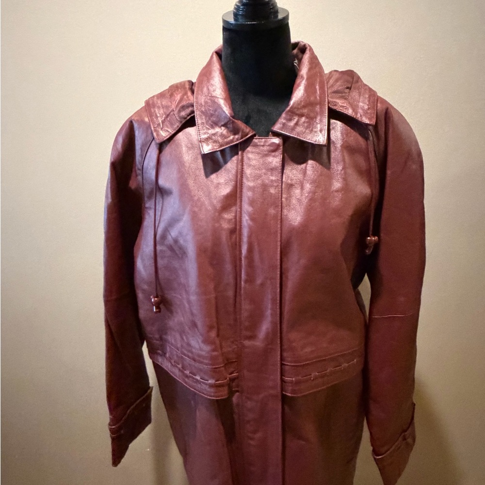 Vintage Cranberry Leather Hooded Leather Coat -Clinch Waist/Removable lining